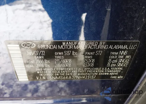 2022 Hyundai Santa Fe Sel из США, поврежденный, VIN 5NMS64AJ7NH423137